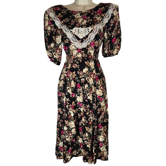 Vtg Floral Lace Bib 80s Midi Dress Shoulder Pads Modest Church 11 Medium USA - Picture 1 of 15